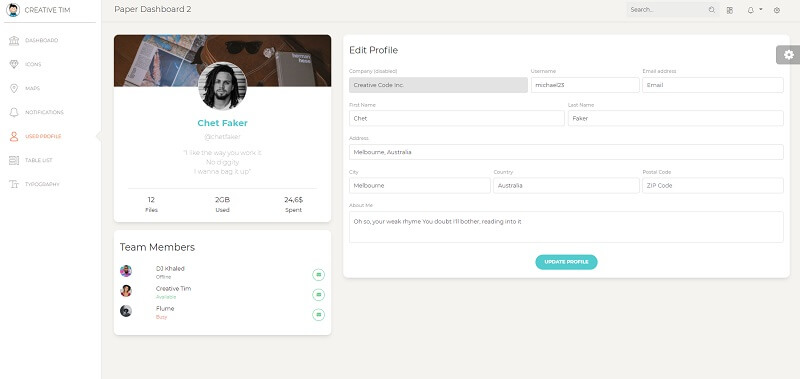 Paper Dashboard - User Profile Page. 