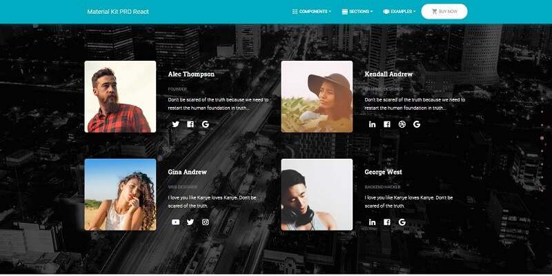 React Node JS Material Kit - Team Cards.
