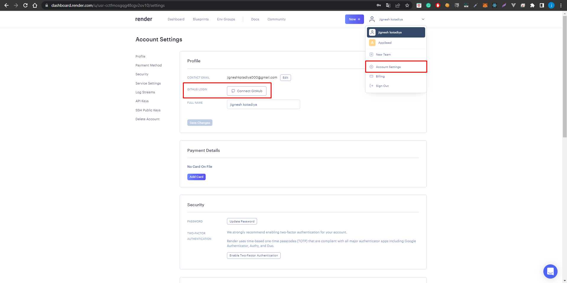 Render account settings
